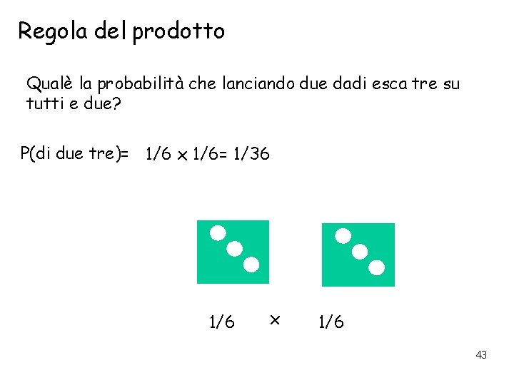 Regola del prodotto Qualè la probabilità che lanciando due dadi esca tre su tutti