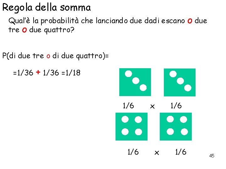 Regola della somma Qual’è la probabilità che lanciando due dadi escano O due tre