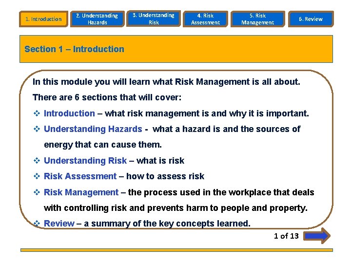 1. Introduction 2. Understanding Hazards 3. Understanding Risk 4. Risk Assessment 5. Risk Management 1. Introduction 2. Understanding Hazards 3. Understanding Risk 4. Risk Assessment 5. Risk Management