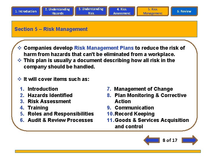 1. Introduction 2. Understanding Hazards 3. Understanding Risk 4. Risk Assessment 5. Risk Management 1. Introduction 2. Understanding Hazards 3. Understanding Risk 4. Risk Assessment 5. Risk Management