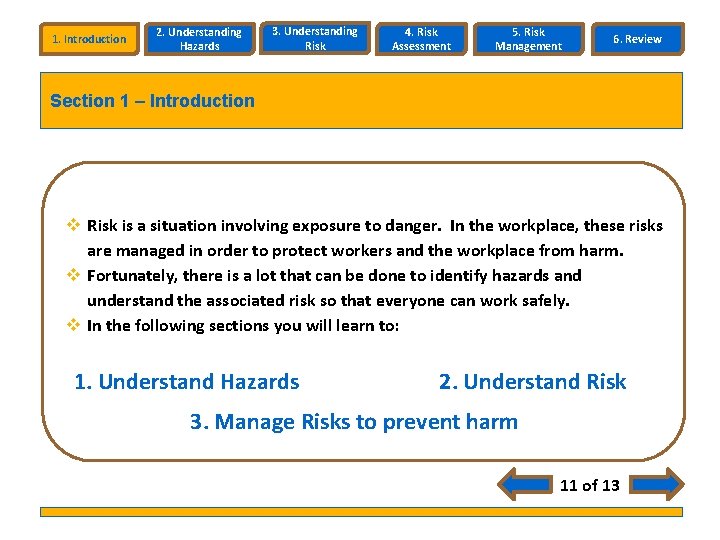 1. Introduction 2. Understanding Hazards 3. Understanding Risk 4. Risk Assessment 5. Risk Management 1. Introduction 2. Understanding Hazards 3. Understanding Risk 4. Risk Assessment 5. Risk Management