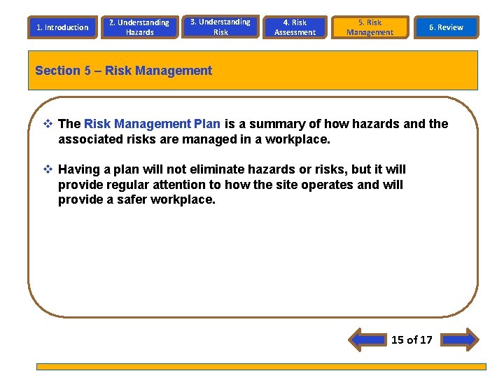 1. Introduction 2. Understanding Hazards 3. Understanding Risk 4. Risk Assessment 5. Risk Management 1. Introduction 2. Understanding Hazards 3. Understanding Risk 4. Risk Assessment 5. Risk Management