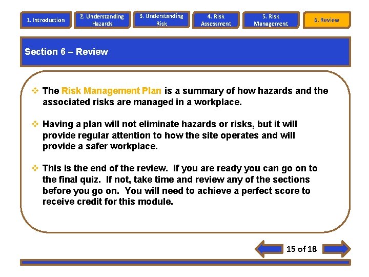 1. Introduction 2. Understanding Hazards 3. Understanding Risk 4. Risk Assessment 5. Risk Management 1. Introduction 2. Understanding Hazards 3. Understanding Risk 4. Risk Assessment 5. Risk Management