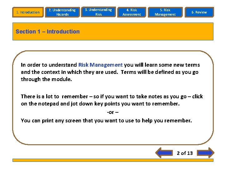 1. Introduction 2. Understanding Hazards 3. Understanding Risk 4. Risk Assessment 5. Risk Management 1. Introduction 2. Understanding Hazards 3. Understanding Risk 4. Risk Assessment 5. Risk Management