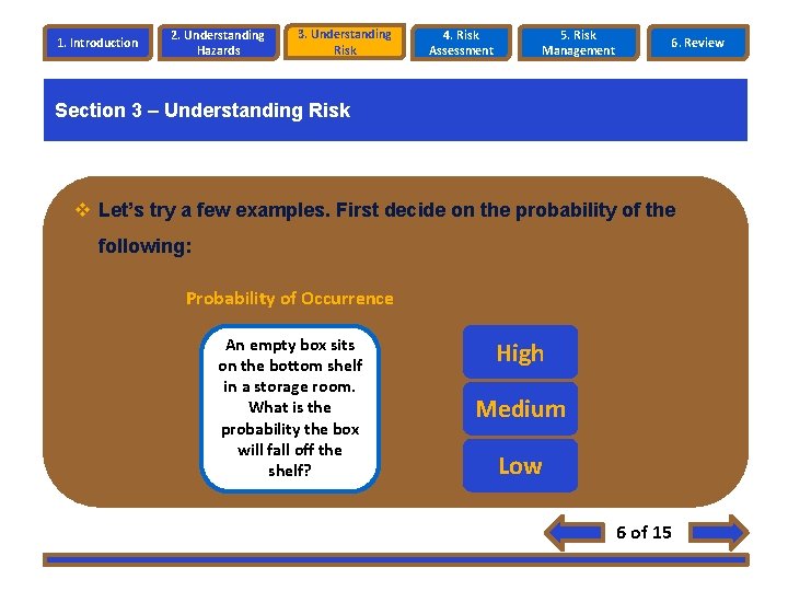 1. Introduction 2. Understanding Hazards 3. Understanding Risk 4. Risk Assessment 5. Risk Management 1. Introduction 2. Understanding Hazards 3. Understanding Risk 4. Risk Assessment 5. Risk Management