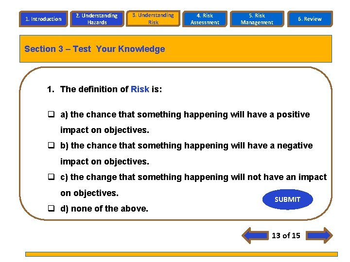 1. Introduction 2. Understanding Hazards 3. Understanding Risk 4. Risk Assessment 5. Risk Management 1. Introduction 2. Understanding Hazards 3. Understanding Risk 4. Risk Assessment 5. Risk Management