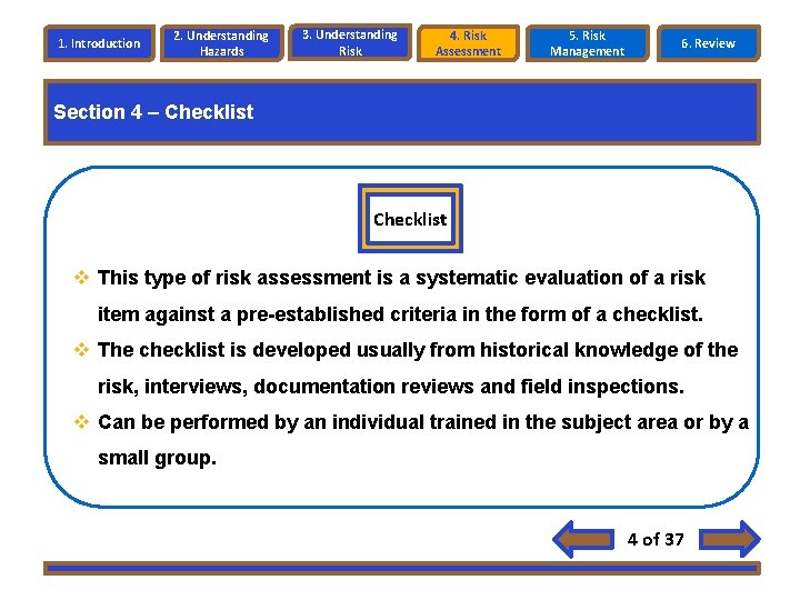 1. Introduction 2. Understanding Hazards 3. Understanding Risk 4. Risk Assessment 5. Risk Management 1. Introduction 2. Understanding Hazards 3. Understanding Risk 4. Risk Assessment 5. Risk Management