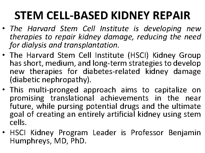 STEM CELL-BASED KIDNEY REPAIR • The Harvard Stem Cell Institute is developing new therapies