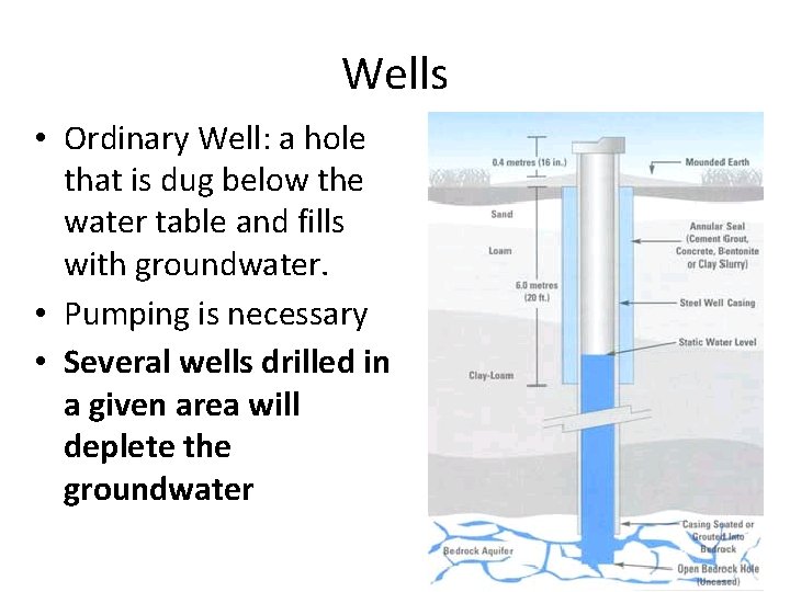 Wells • Ordinary Well: a hole that is dug below the water table and