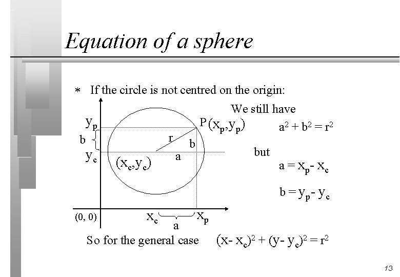 Equation of a sphere * If the circle is not centred on the origin: