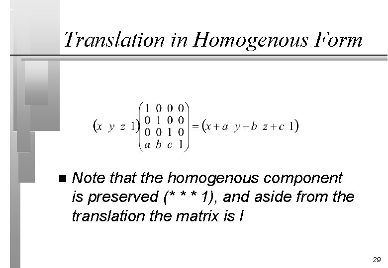 Translation in Homogenous Form n Note that the homogenous component is preserved (* *