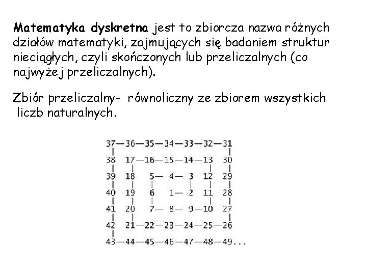 Matematyka dyskretna jest to zbiorcza nazwa różnych działów matematyki, zajmujących się badaniem struktur nieciągłych,