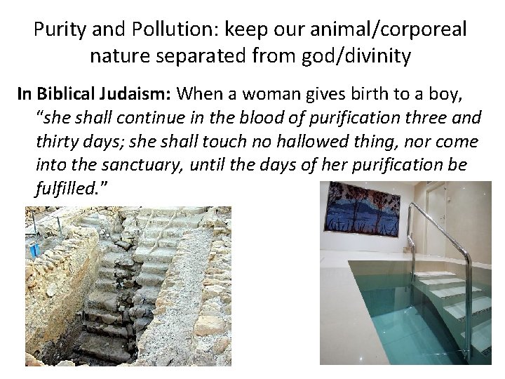 Purity and Pollution: keep our animal/corporeal nature separated from god/divinity In Biblical Judaism: When