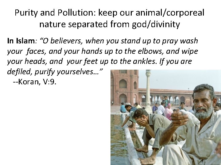 Purity and Pollution: keep our animal/corporeal nature separated from god/divinity In Islam: “O believers,