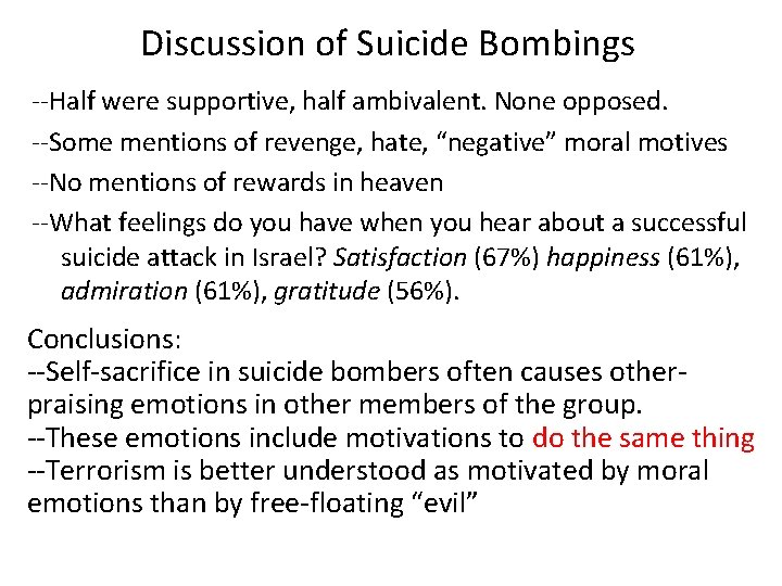 Discussion of Suicide Bombings --Half were supportive, half ambivalent. None opposed. --Some mentions of