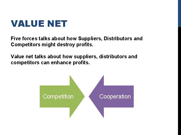 VALUE NET Five forces talks about how Suppliers, Distributors and Competitors might destroy profits.