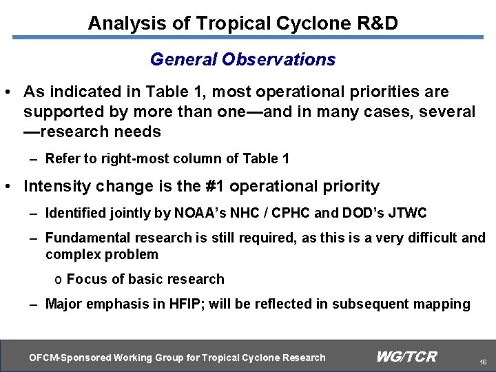 Analysis of Tropical Cyclone R&D General Observations • As indicated in Table 1, most