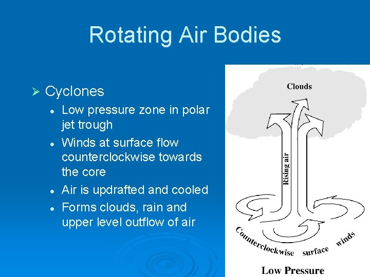 Rotating Air Bodies Ø Cyclones l l Low pressure zone in polar jet trough