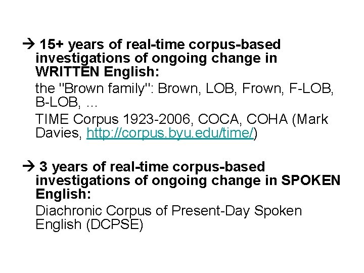 15+ years of real-time corpus-based investigations of ongoing change in WRITTEN English: the 15+ years of real-time corpus-based investigations of ongoing change in WRITTEN English: the