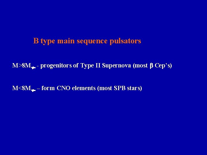 B type main sequence pulsators M>8 M - progenitors of Type II Supernova (most