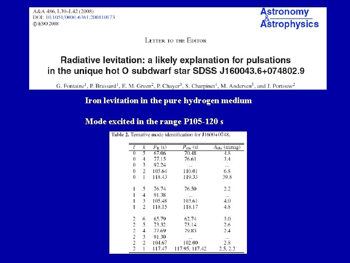 Iron levitation in the pure hydrogen medium Mode excited in the range P 105