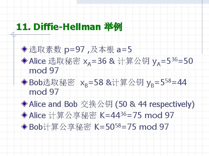11. Diffie-Hellman 举例 选取素数 p=97 , 及本根 a=5 Alice 选取秘密 x. A=36 & 计算公钥