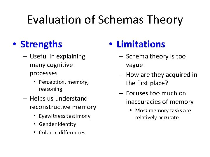 Evaluation of Schemas Theory • Strengths – Useful in explaining many cognitive processes •