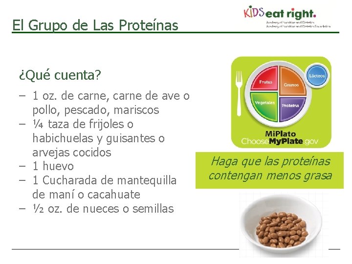 El Grupo de Las Proteínas ¿Qué cuenta? – 1 oz. de carne, carne de