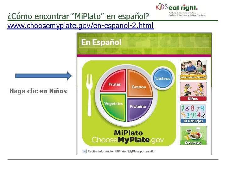 ¿Cómo encontrar “Mi. Plato” en español? www. choosemyplate. gov/en-espanol-2. html Haga clic en Niños