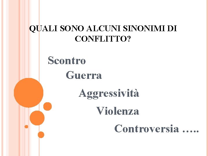 QUALI SONO ALCUNI SINONIMI DI CONFLITTO? Scontro Guerra Aggressività Violenza Controversia …. . QUALI SONO ALCUNI SINONIMI DI CONFLITTO? Scontro Guerra Aggressività Violenza Controversia …. .