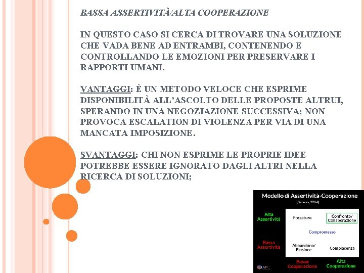 BASSA ASSERTIVITÀ/ALTA COOPERAZIONE IN QUESTO CASO SI CERCA DI TROVARE UNA SOLUZIONE CHE VADA BASSA ASSERTIVITÀ/ALTA COOPERAZIONE IN QUESTO CASO SI CERCA DI TROVARE UNA SOLUZIONE CHE VADA