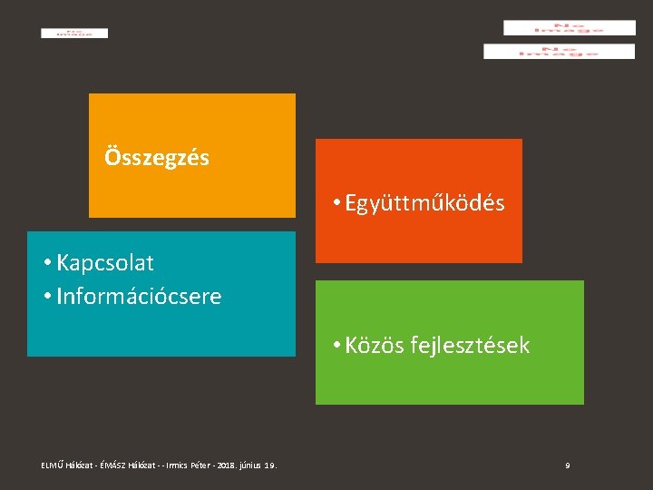 Összegzés • Együttműködés • Kapcsolat • Információcsere • Közös fejlesztések ELMŰ Hálózat - ÉMÁSZ