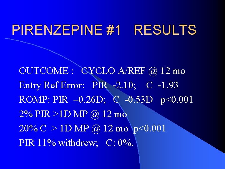 PIRENZEPINE #1 RESULTS OUTCOME : CYCLO A/REF @ 12 mo Entry Ref Error: PIR