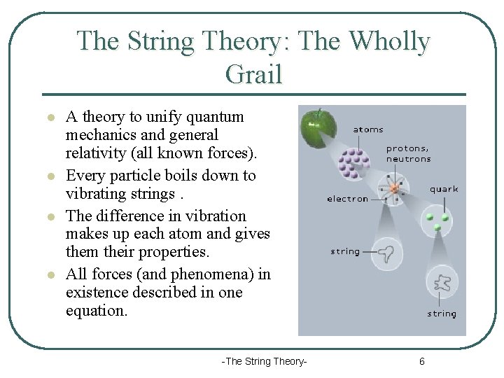 The String Theory: The Wholly Grail l l A theory to unify quantum mechanics