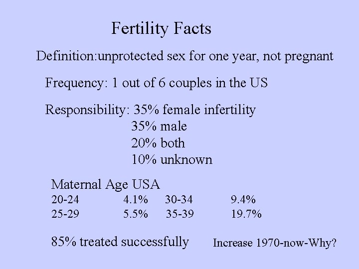 Fertility Facts Definition: unprotected sex for one year, not pregnant Frequency: 1 out of