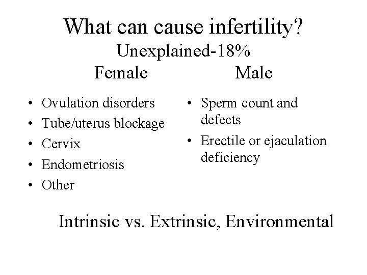 What can cause infertility? Unexplained-18% Female Male • • • Ovulation disorders Tube/uterus blockage