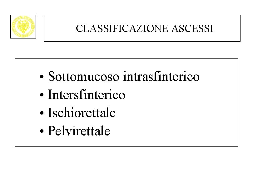 CLASSIFICAZIONE ASCESSI • Sottomucoso intrasfinterico • Intersfinterico • Ischiorettale • Pelvirettale 