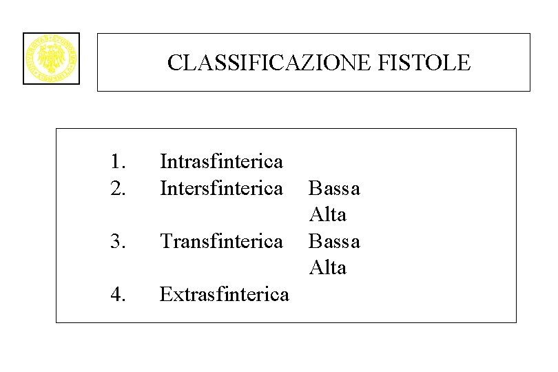 CLASSIFICAZIONE FISTOLE 1. 2. Intrasfinterica Intersfinterica 3. Transfinterica 4. Extrasfinterica Bassa Alta 