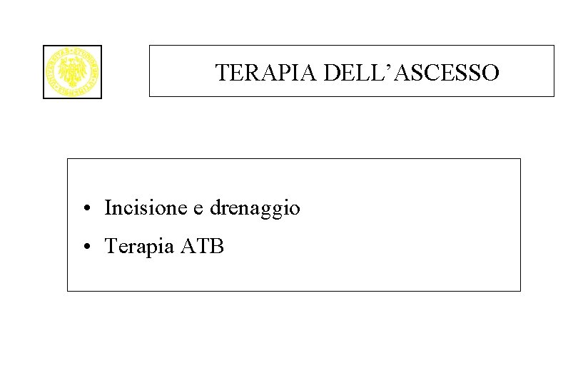 TERAPIA DELL’ASCESSO • Incisione e drenaggio • Terapia ATB 