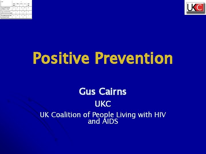 Positive Prevention Gus Cairns UKC UK Coalition of People Living with HIV and AIDS