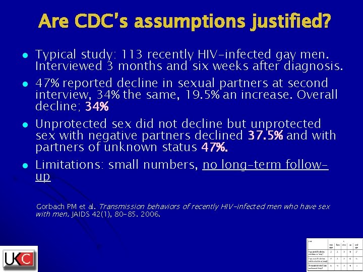 Are CDC’s assumptions justified? l l Typical study: 113 recently HIV-infected gay men. Interviewed