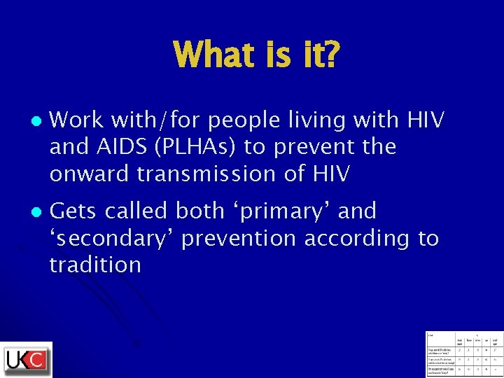 What is it? l l Work with/for people living with HIV and AIDS (PLHAs)