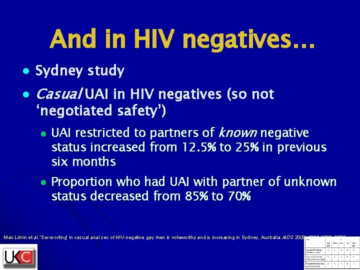 And in HIV negatives… l Sydney study l Casual UAI in HIV negatives (so