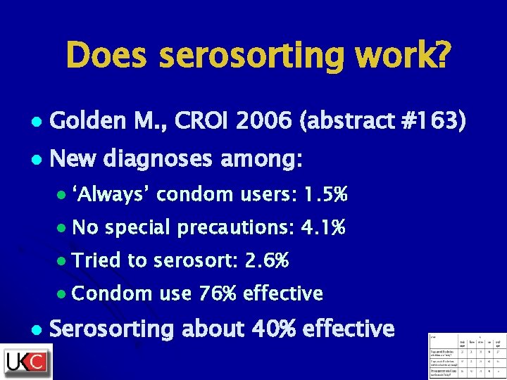 Does serosorting work? l Golden M. , CROI 2006 (abstract #163) l New diagnoses Does serosorting work? l Golden M. , CROI 2006 (abstract #163) l New diagnoses