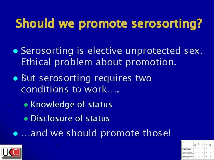 Should we promote serosorting? l l Serosorting is elective unprotected sex. Ethical problem about