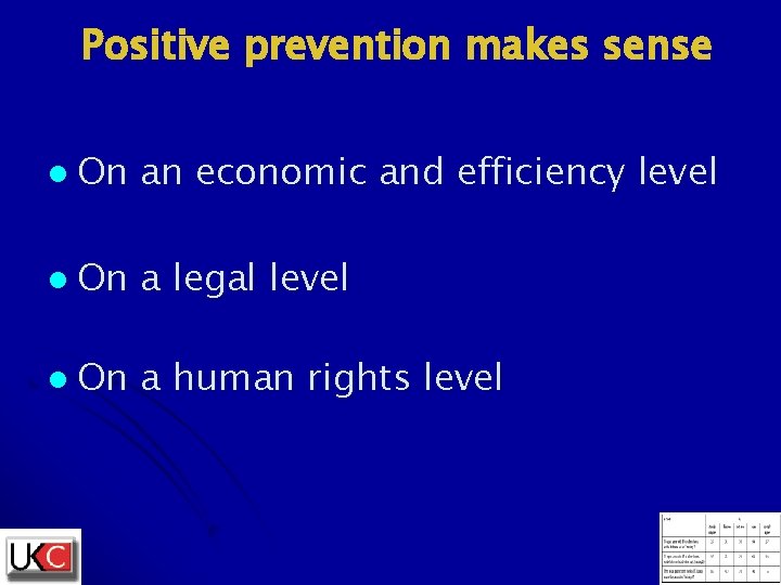 Positive prevention makes sense l On an economic and efficiency level l On a