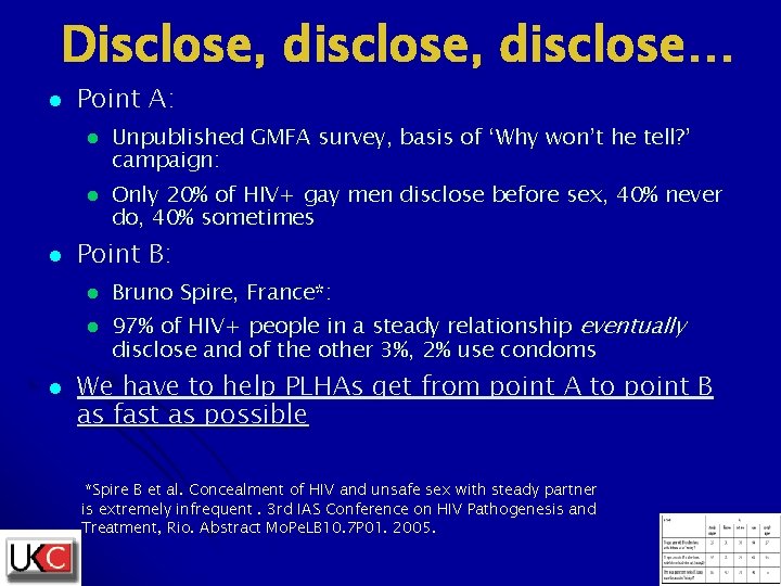 Disclose, disclose… l Point A: l l l Only 20% of HIV+ gay men