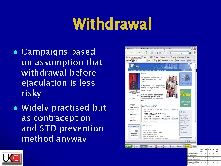 Withdrawal l l Campaigns based on assumption that withdrawal before ejaculation is less risky