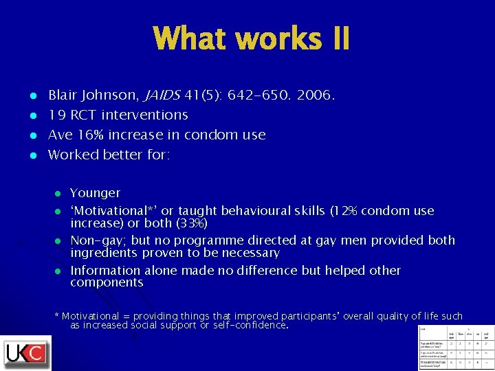 What works II l l Blair Johnson, JAIDS 41(5): 642 -650. 2006. 19 RCT