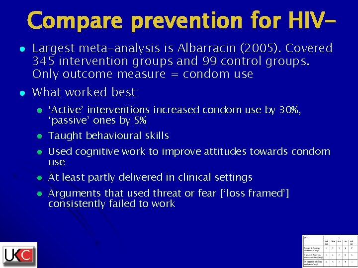 Compare prevention for HIVl l Largest meta-analysis is Albarracin (2005). Covered 345 intervention groups